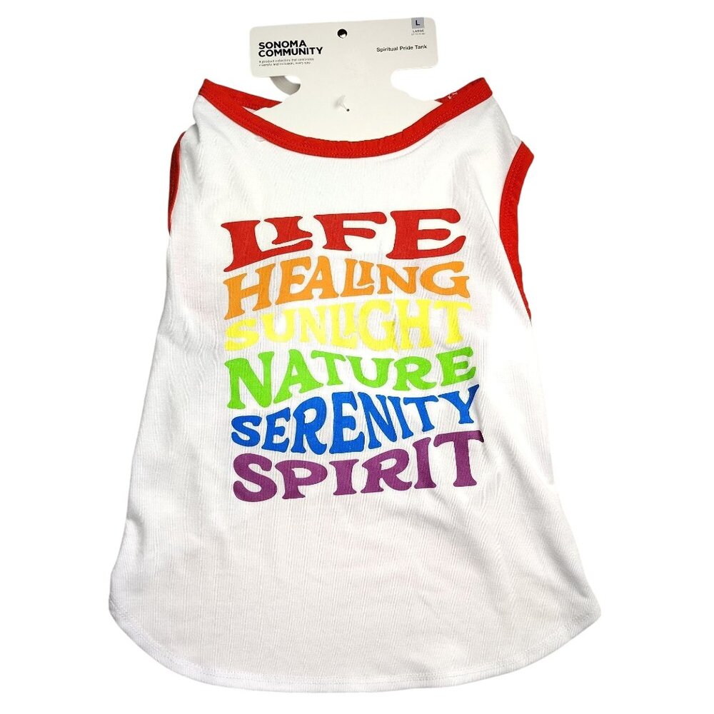 Sonoma Spiritual Pride Large Dog Tank Top Red and White Rainbow Text